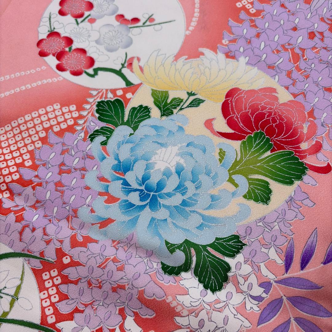 ■E5322■美品■正絹■珊瑚色 藤に花尽くし　袷　振袖■丈165　裄64.5