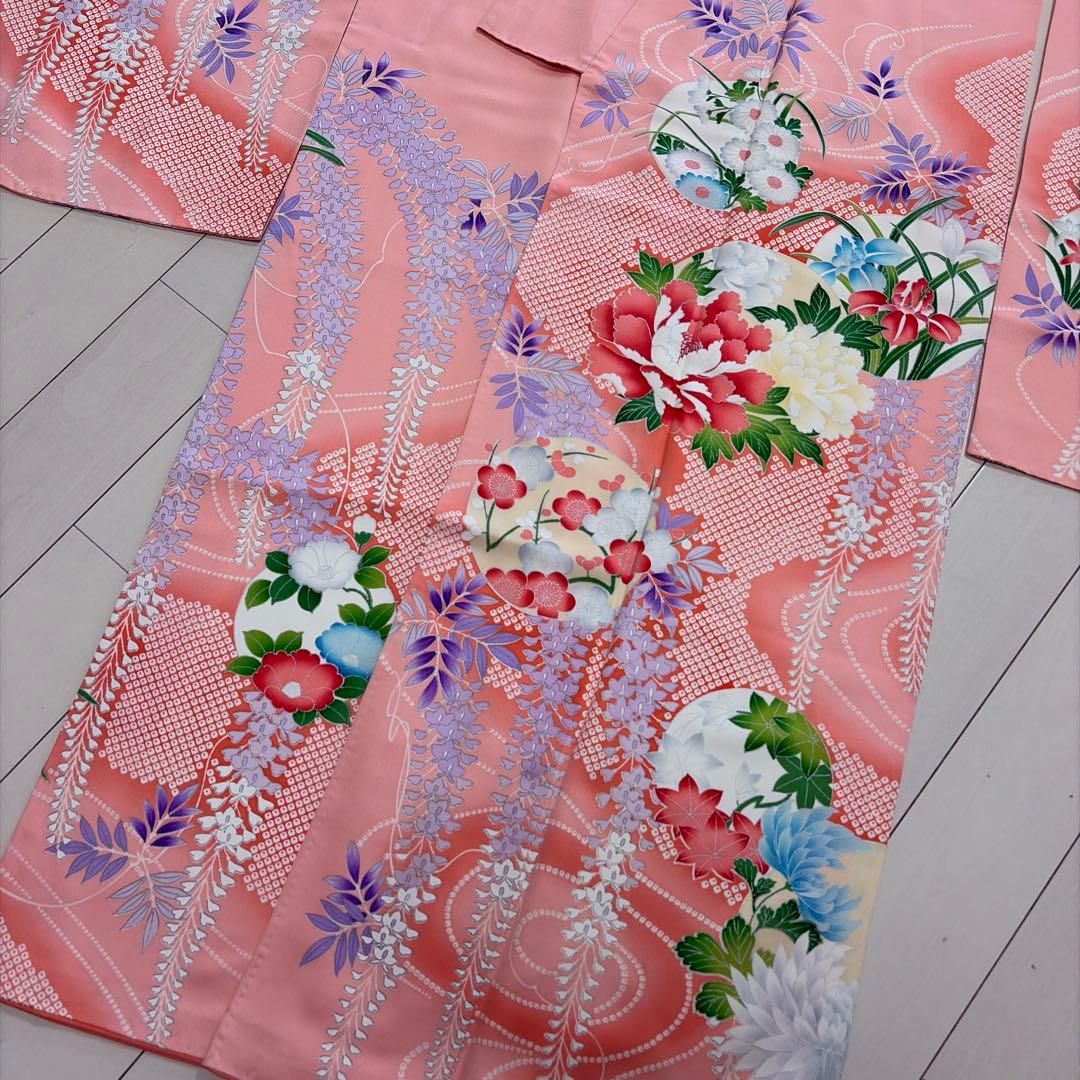 ■E5322■美品■正絹■珊瑚色 藤に花尽くし　袷　振袖■丈165　裄64.5