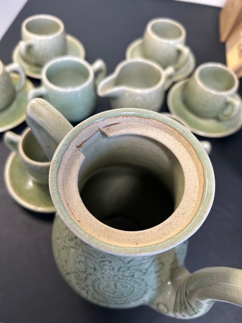未使用保管品青磁タイセラドン焼きセット　旧家蔵出し、掘出し物、お茶、コーヒー