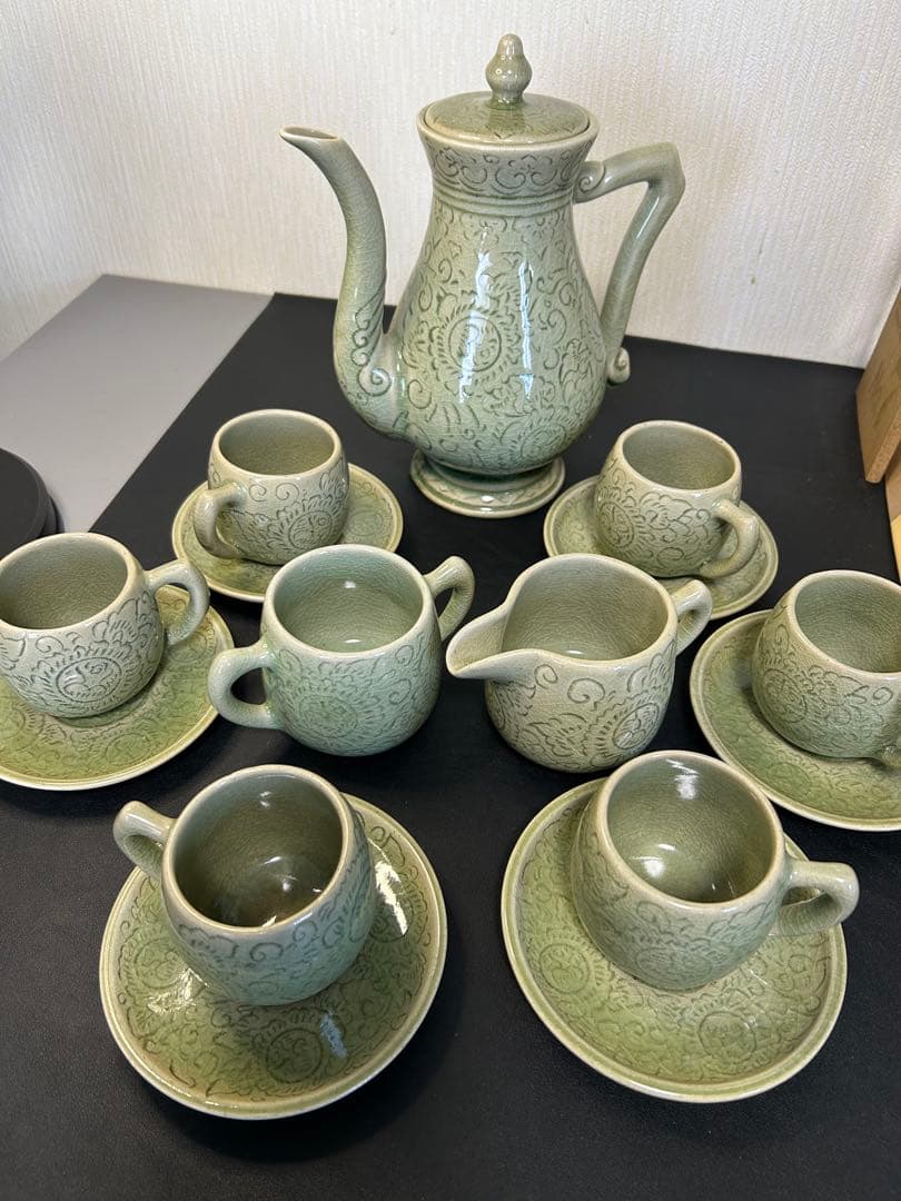 未使用保管品青磁タイセラドン焼きセット　旧家蔵出し、掘出し物、お茶、コーヒー
