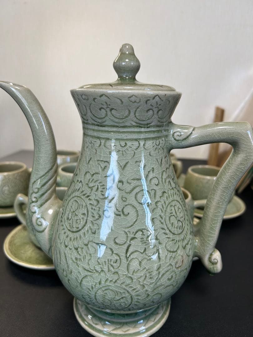 未使用保管品青磁タイセラドン焼きセット　旧家蔵出し、掘出し物、お茶、コーヒー