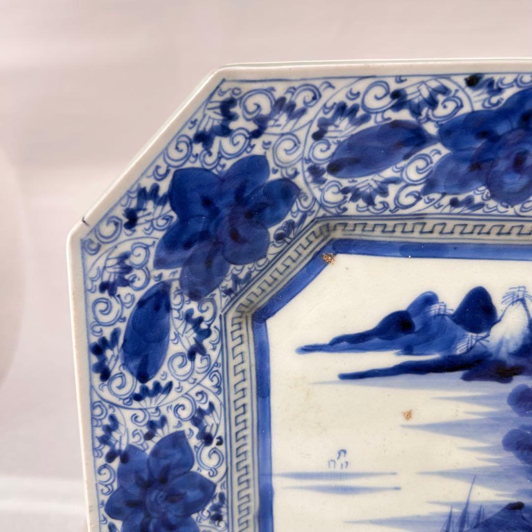 古伊万里 染付 山水文 八角大皿 飾り皿 和食器 骨董 アンティーク