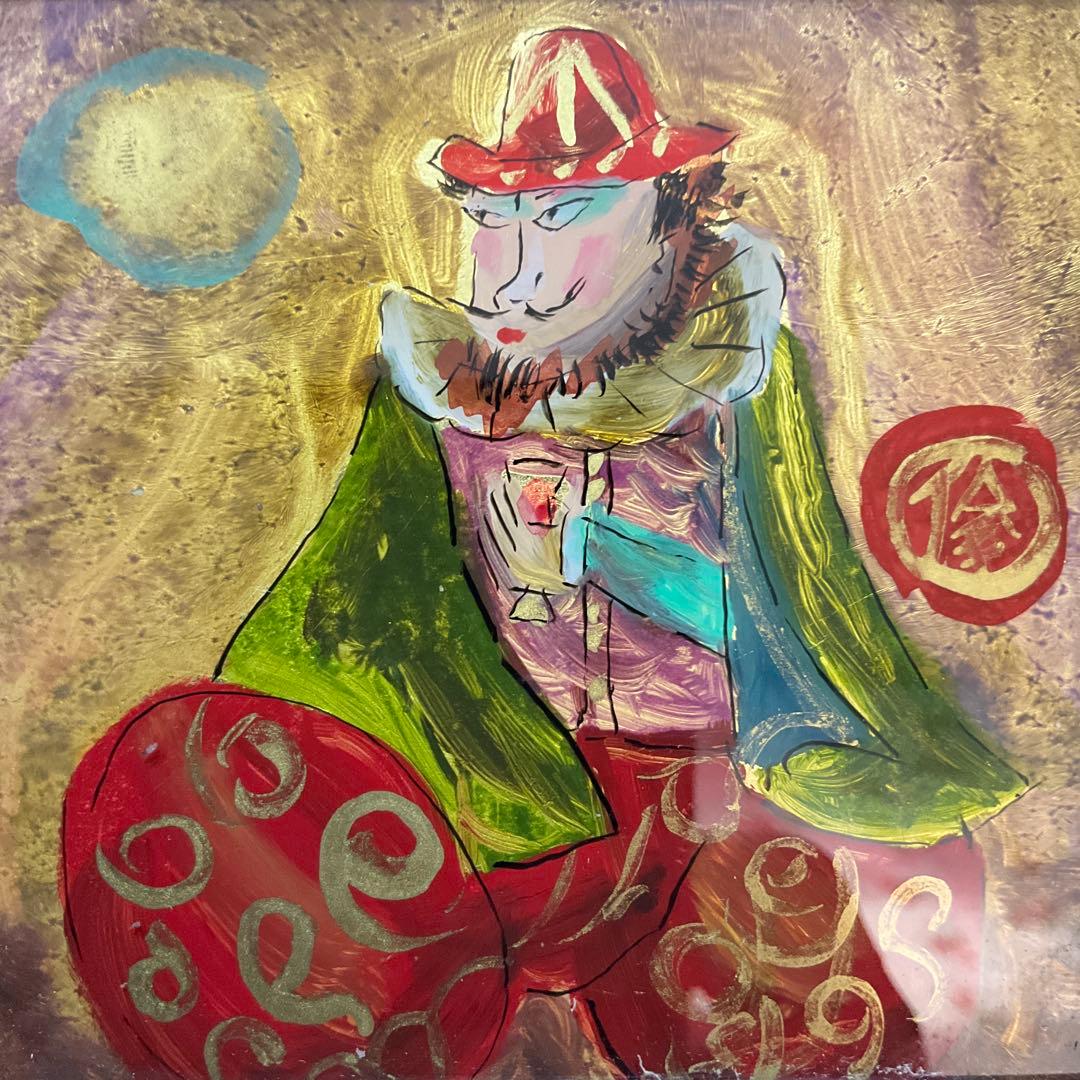 絵画・ガラス絵・渡辺俊明・月見南蛮人・芸術・額装・美術品・アンティーク・油彩