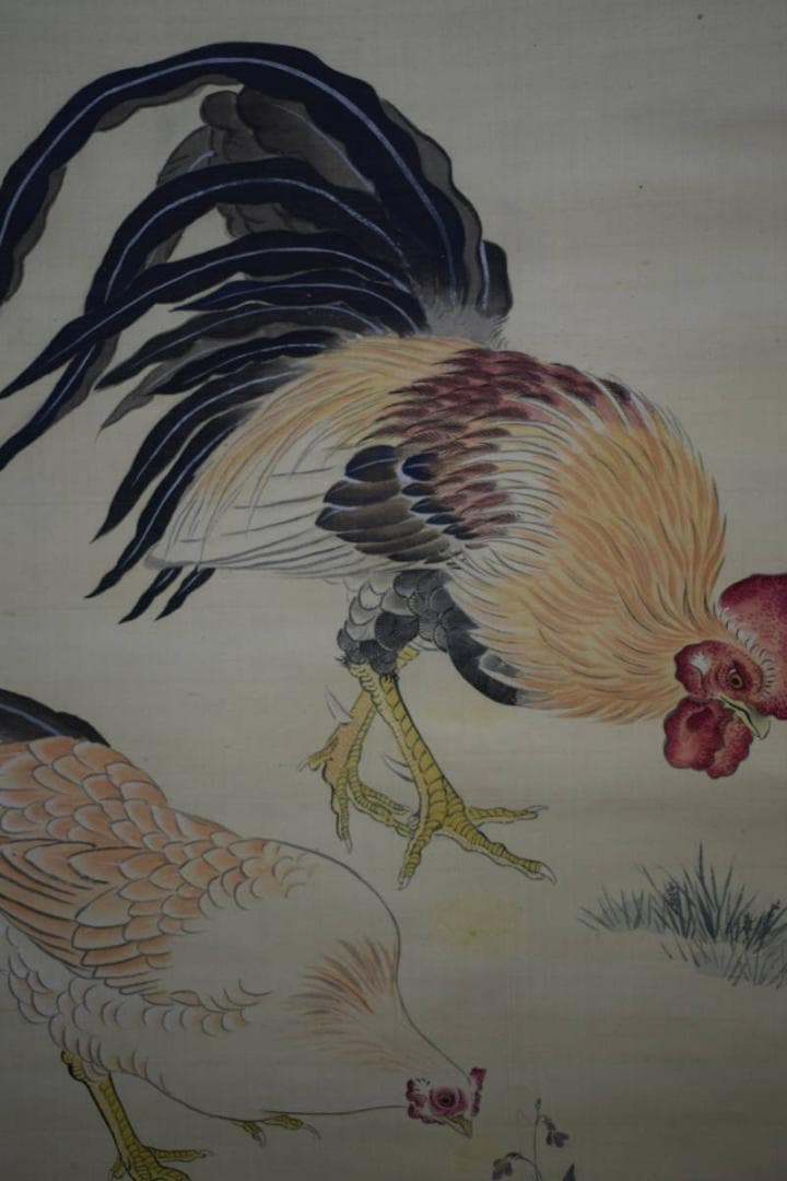 模写/松村景文/双鶏之図/桐題箱二重箱付/布袋屋掛軸HG-82