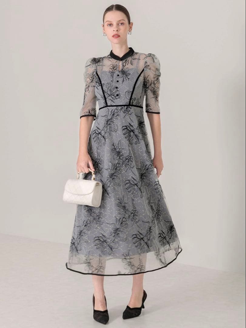 パイピングハイネック花柄ラメレースワンピースドレス結婚式二次会成人式パーティー