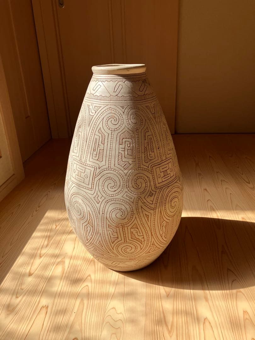 フォークアート　大きい壺　花瓶　オブジェ　柄　 素焼き　ネイティブ　花器