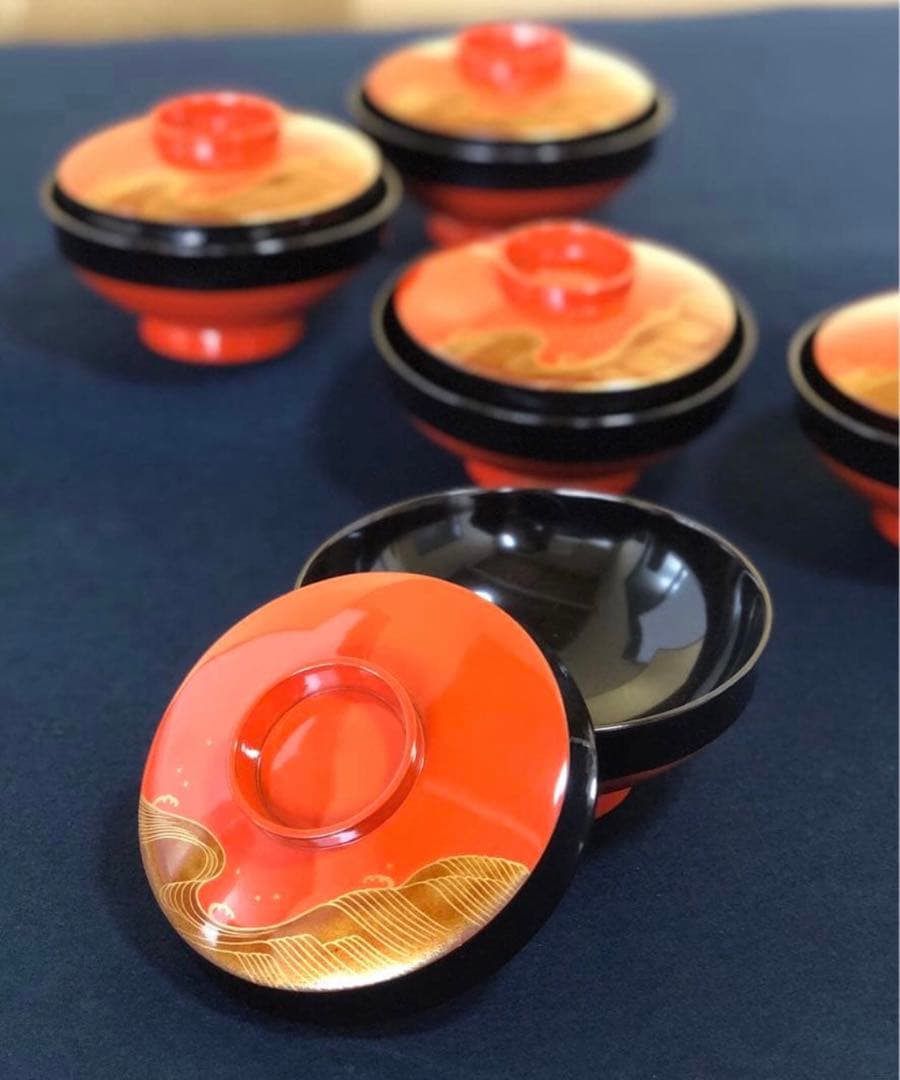 《R》懐石 蒔絵付 洗朱 吸物椀5客 木製漆器 木箱　260107か5