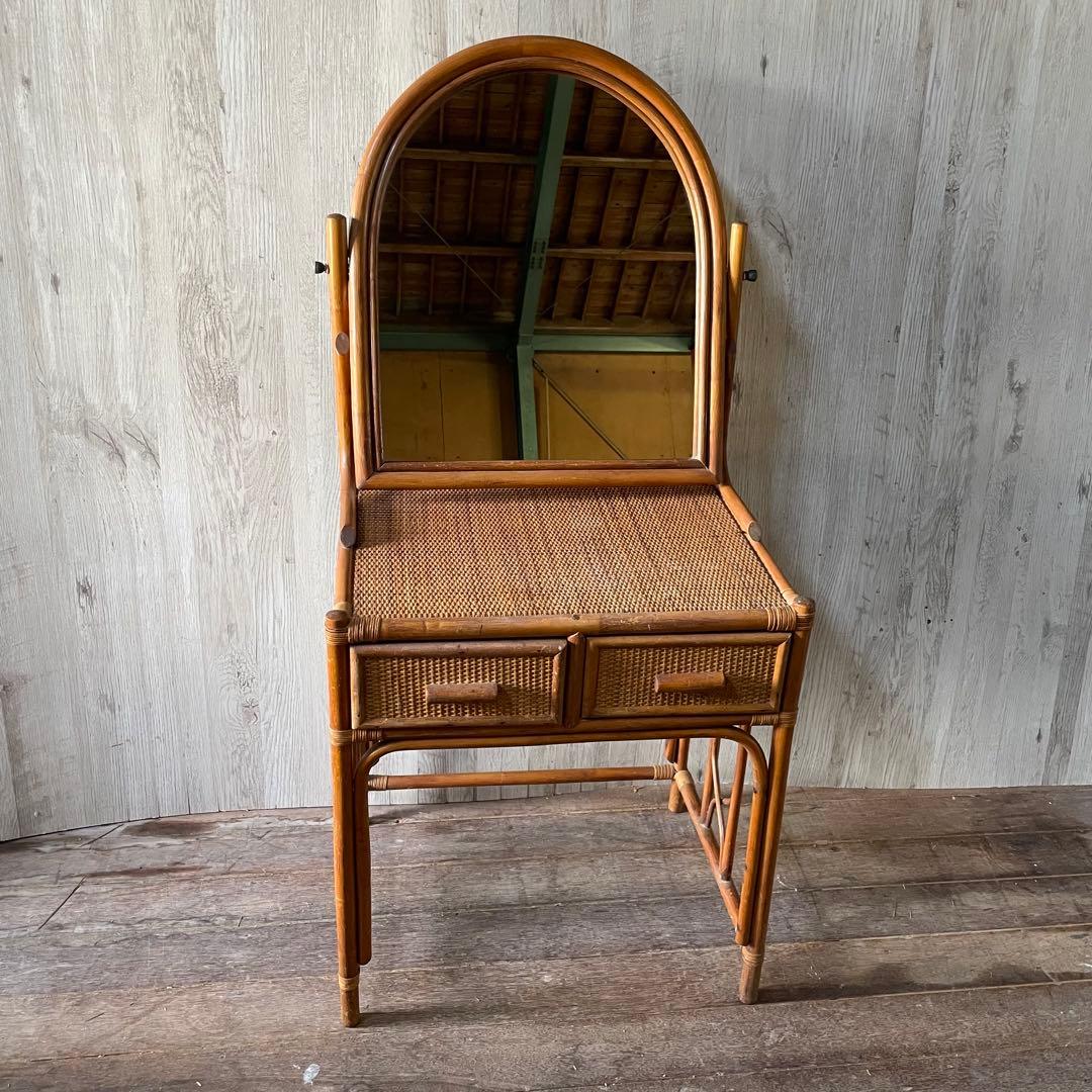 ラタン化粧台 ビンテージ アンティーク家具 ラタン家具 籐 鏡台 昭和レトロ