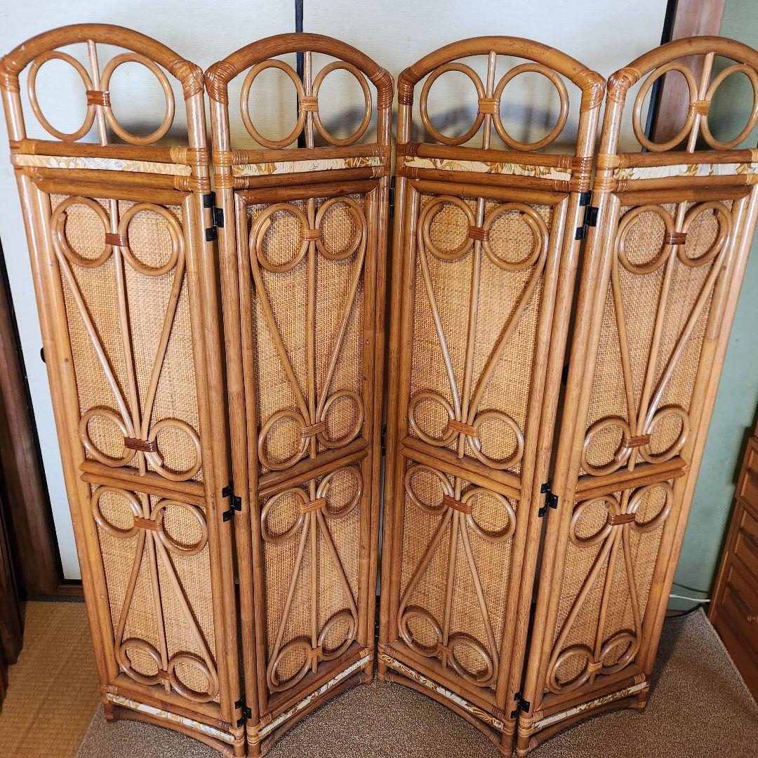 ★美品★パーテーション　ラタン　目隠し　籐　4枚　アジアンテイスト