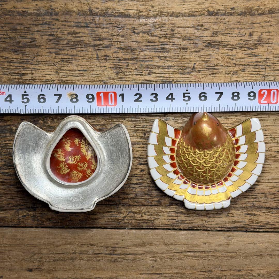 a800 送料込 御室窯 金彩 内銀 福良雀 香合 在銘 共箱 茶道具