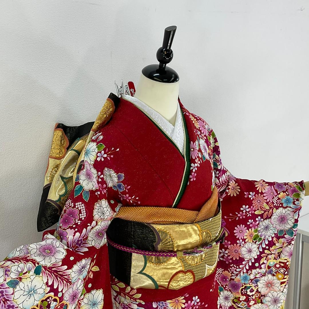 愛　お振袖フルセット　半衿付け　赤　辻が花正絹　美品