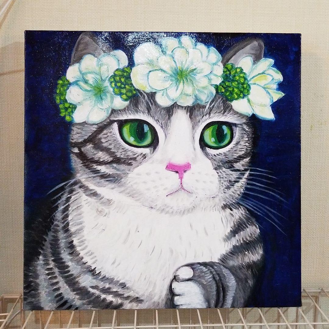 油絵　専用品　頭に花をのせた猫 3