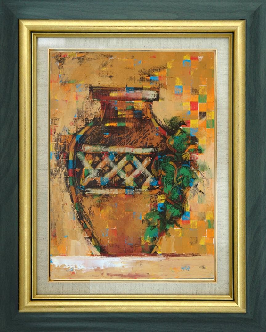 油絵 菅家令子絵 絵画インテリア額付(青緑＋金色の枠) uF6-064104 壺