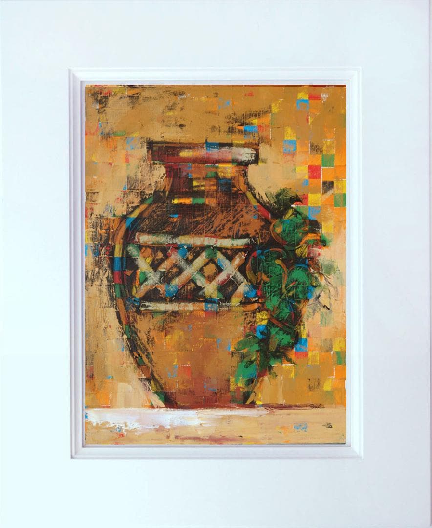 油絵 菅家令子絵 絵画インテリア額付(青緑＋金色の枠) uF6-064104 壺