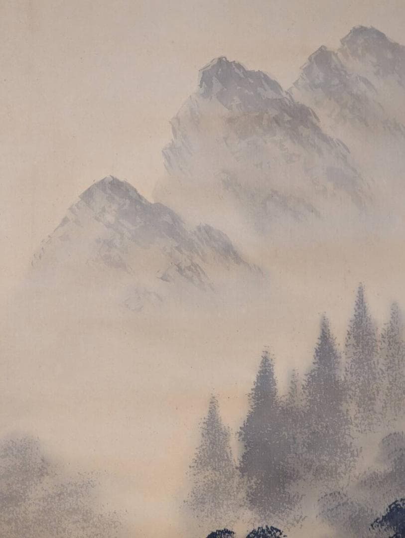 【真作】掛軸　山水渓流図　墨画山岳風景　橋と渓谷　古美術　時代書画　U4