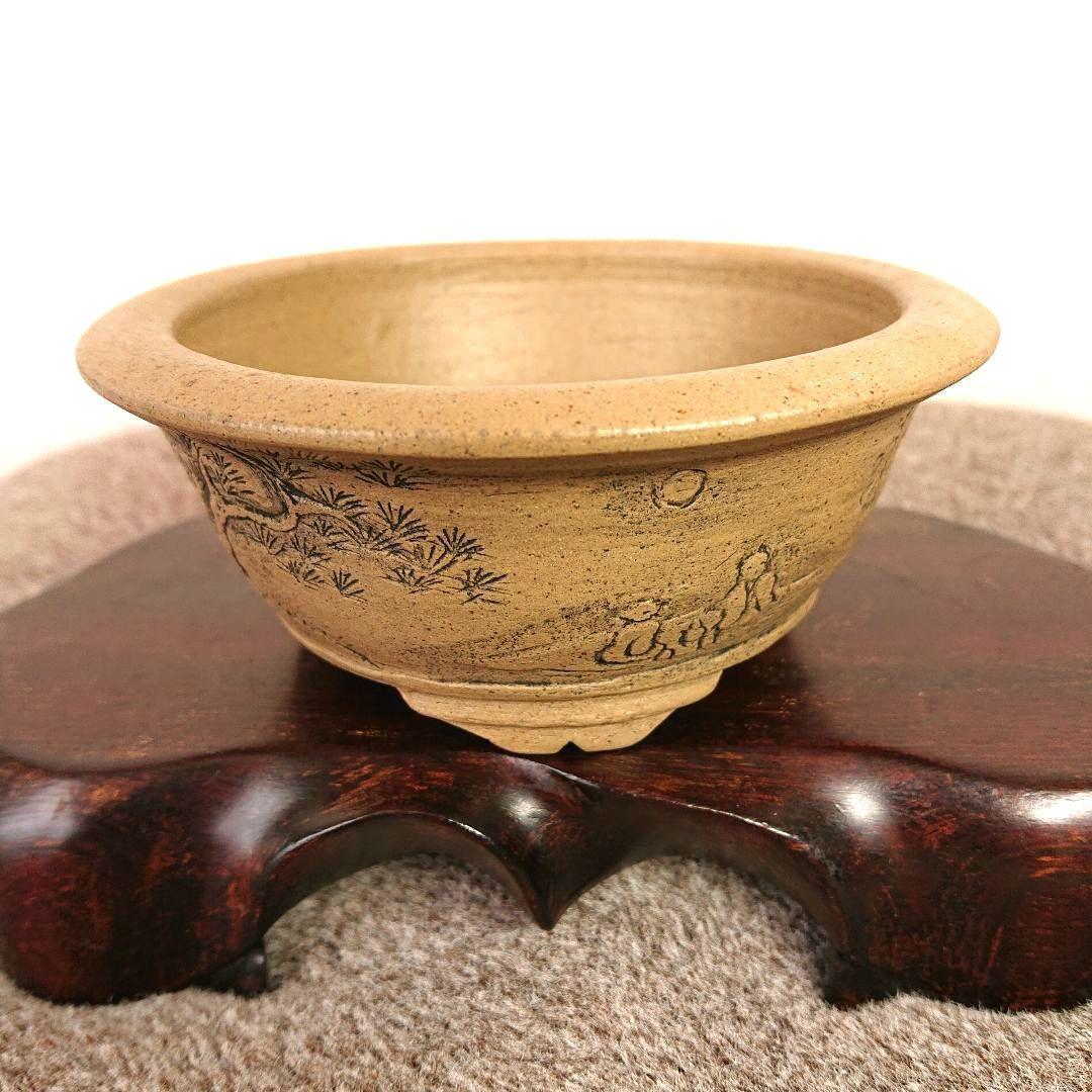 庄八作  / 白泥 小品盆栽鉢 山水賢人模様