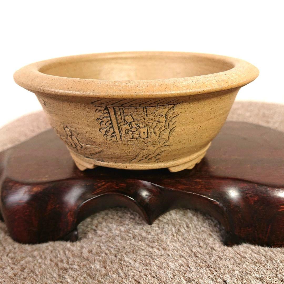 庄八作  / 白泥 小品盆栽鉢 山水賢人模様