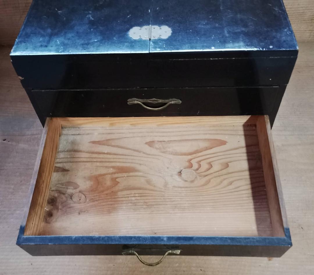 古道具 黒漆塗 鏡台 化粧箱 引き出し付き 真鍮金具 昭和レトロ 和家具