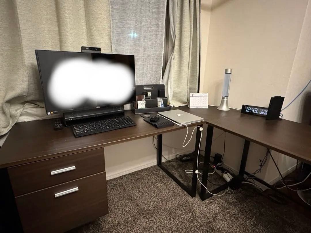 【はち】L字型パソコンデスク 120+100cm 引き出し付き