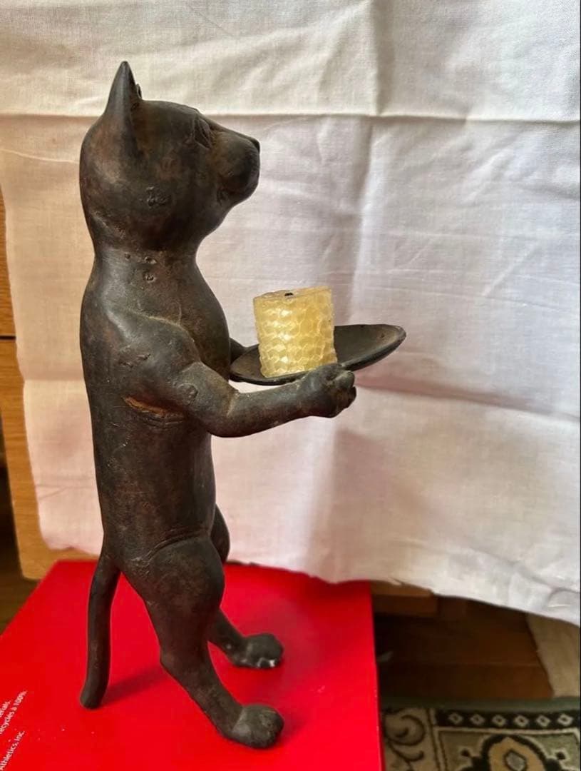 アンティーク　バリ猫　置物　ブロンズ像　銅　　蜜蝋キャンドル付き