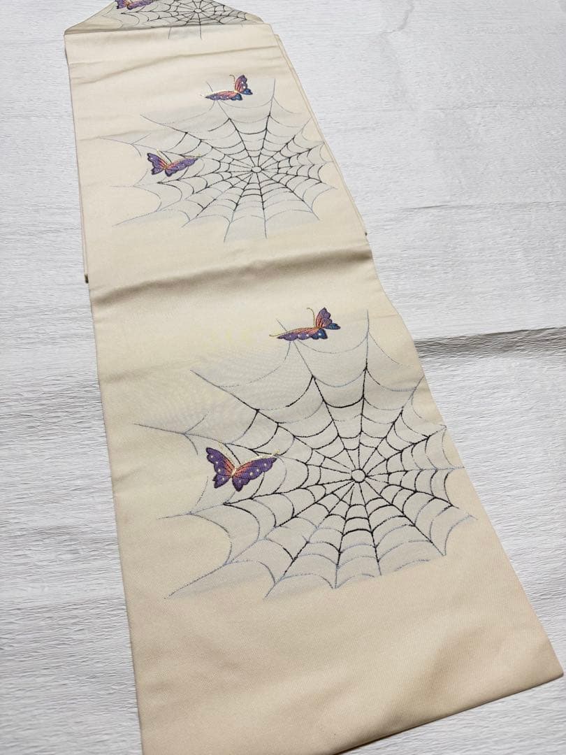 m-20 名古屋帯 クモの巣と蝶の刺繍 西陣織 正絹 未使用極美品