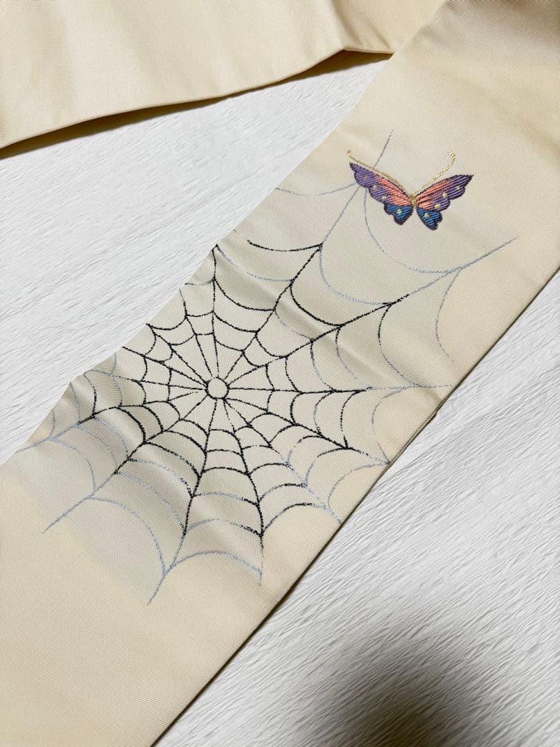 m-20 名古屋帯 クモの巣と蝶の刺繍 西陣織 正絹 未使用極美品