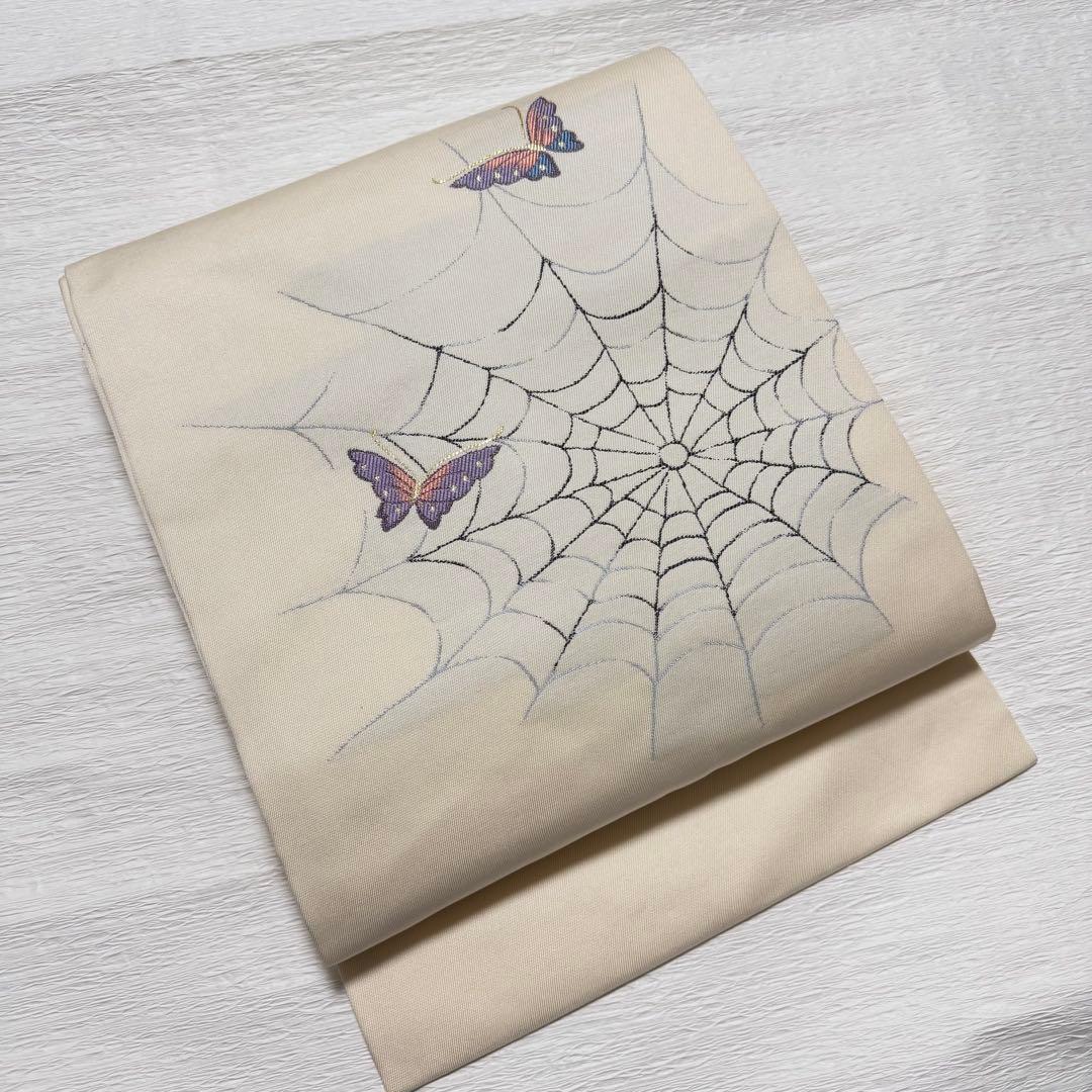 m-20 名古屋帯 クモの巣と蝶の刺繍 西陣織 正絹 未使用極美品