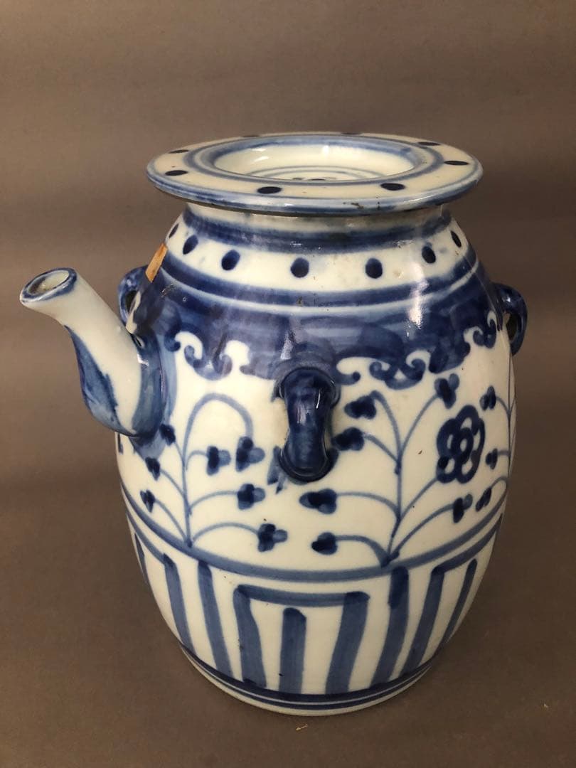 中国骨董　古美術　青花四耳水差し、花瓶