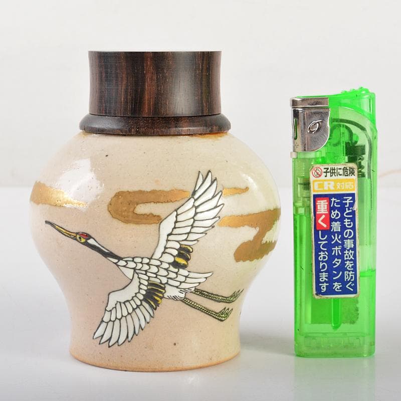 茶道具　萬古焼　山本太仙作　飛鶴盛絵　茶心壷　茶入　共箱　V　R6626