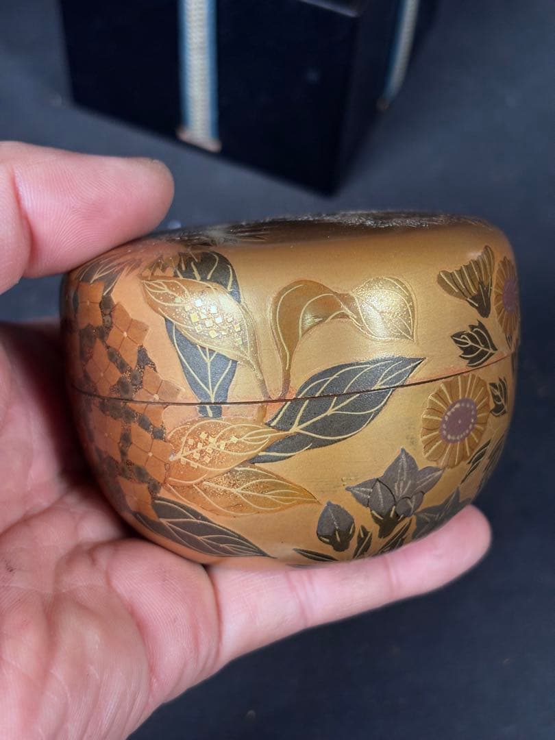 送料無料　漆塗り 棗　平棗　木地　花詰め　和骨董　金彩　蒔絵　茶道具