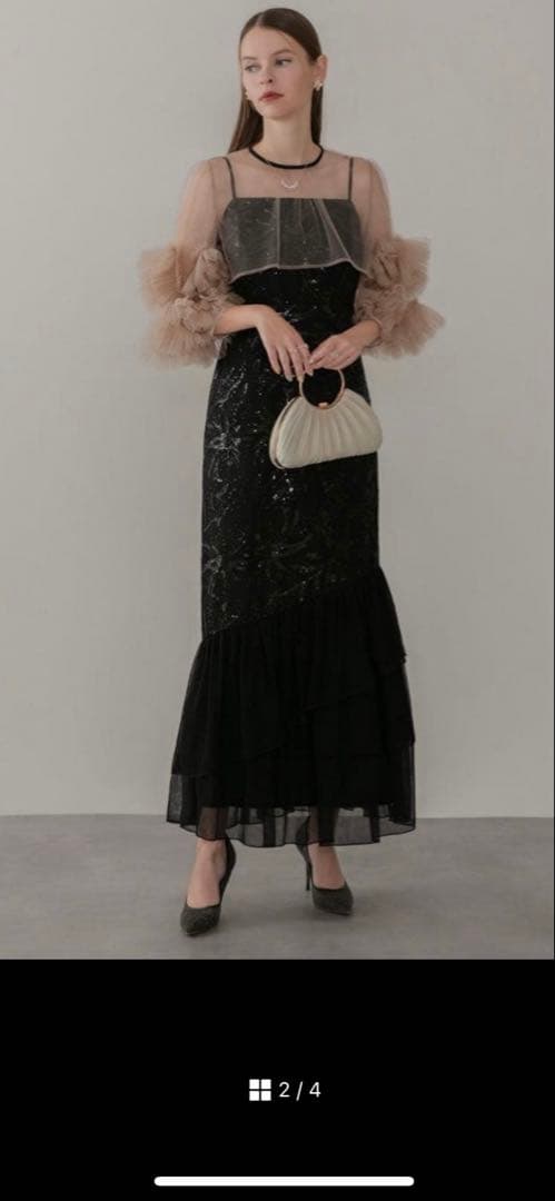 フラワースパンコールチュールフリルスリーブIラインワンピースドレス結婚式成人式