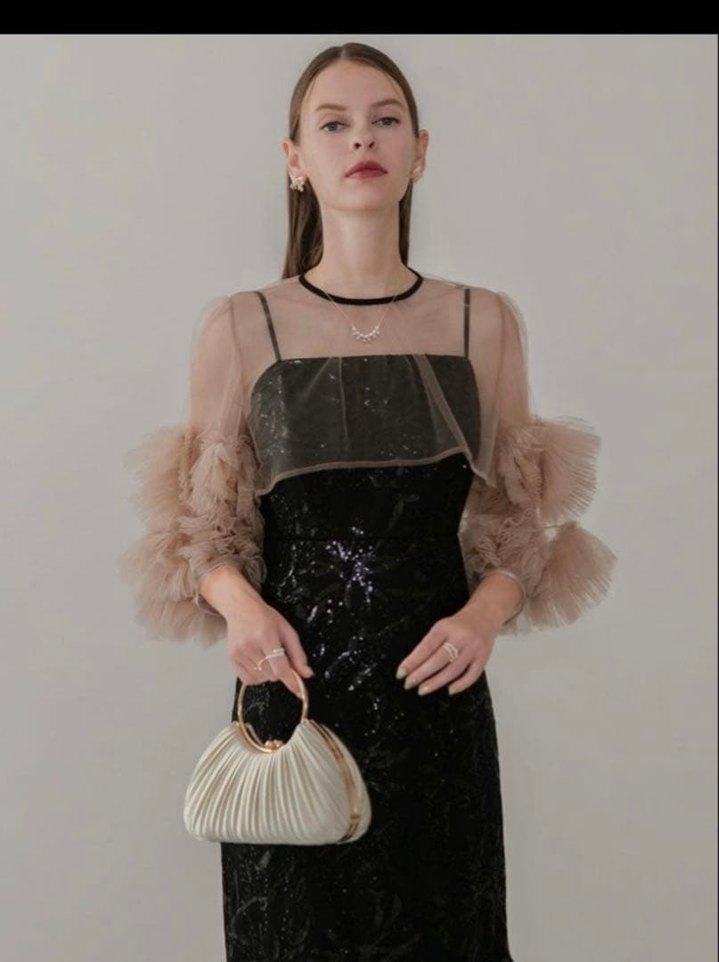 フラワースパンコールチュールフリルスリーブIラインワンピースドレス結婚式成人式