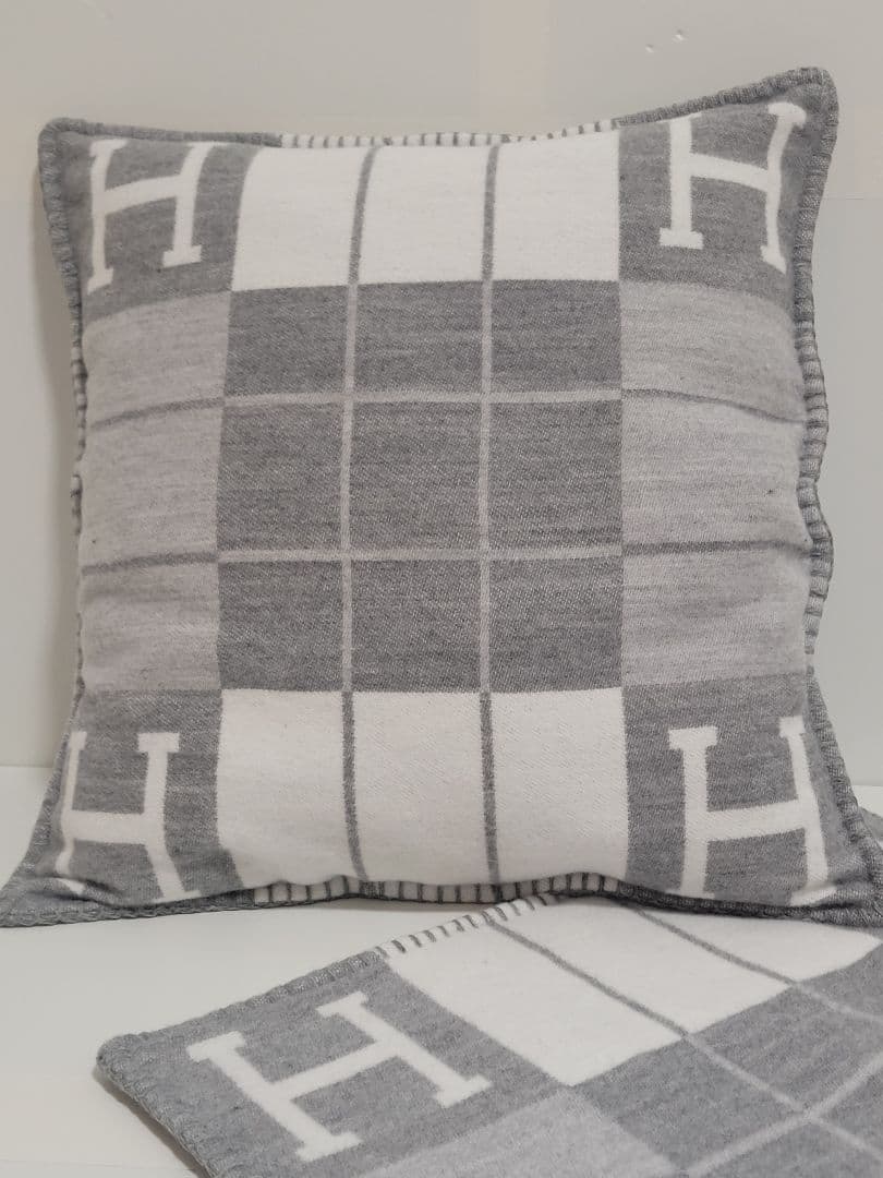エルメス　クッションカバー　グレー　45×45　チェック