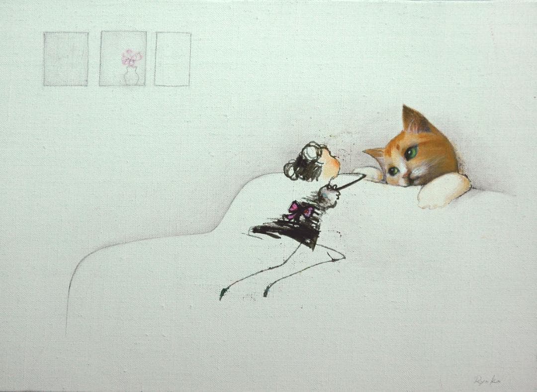 油絵 菅家令子 絵 絵画インテリア 額付(黒) F4-090518 子猫と女の子