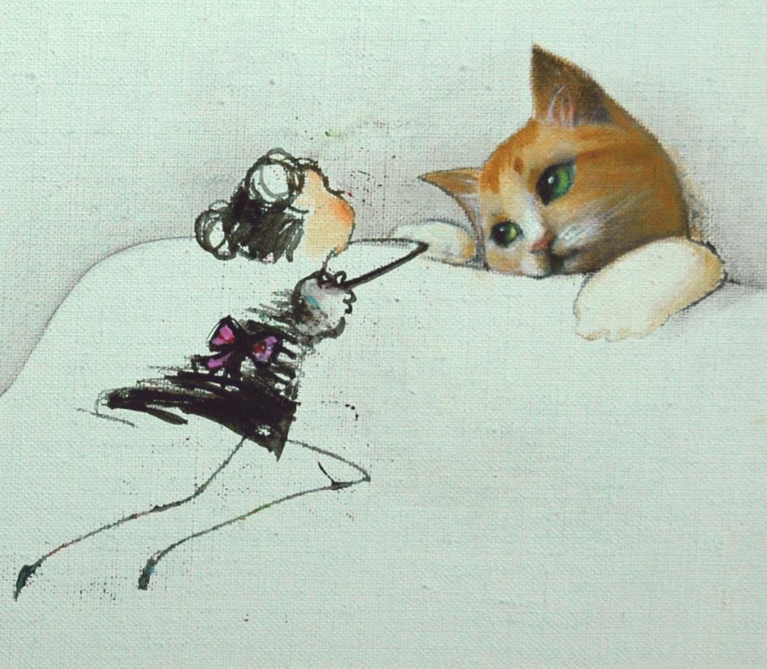 油絵 菅家令子 絵 絵画インテリア 額付(黒) F4-090518 子猫と女の子
