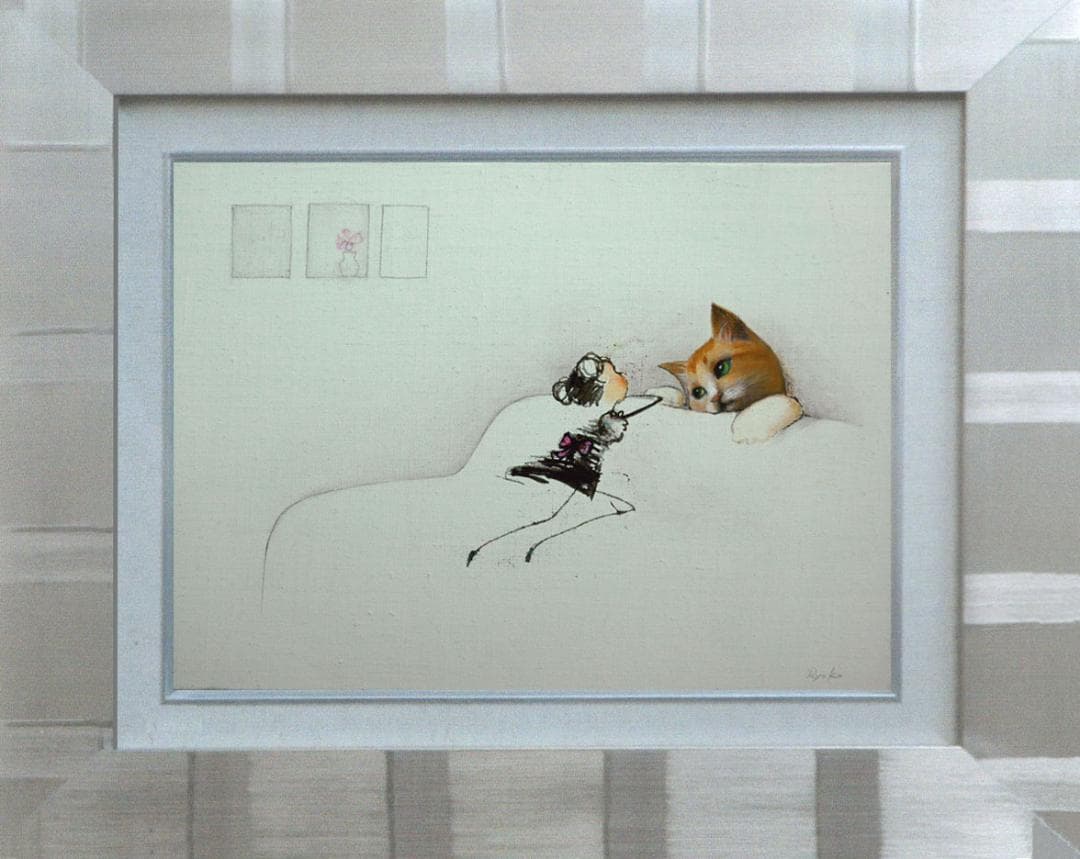 油絵 菅家令子 絵 絵画インテリア 額付(黒) F4-090518 子猫と女の子