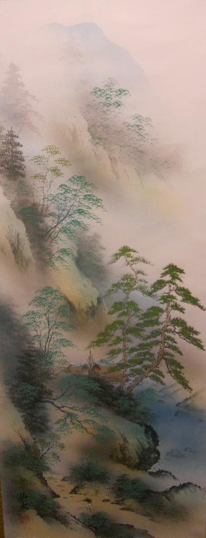 掛け軸 仙水 彩色山水 絹本 希少 軸装 茶道具 掛軸 美品 です。