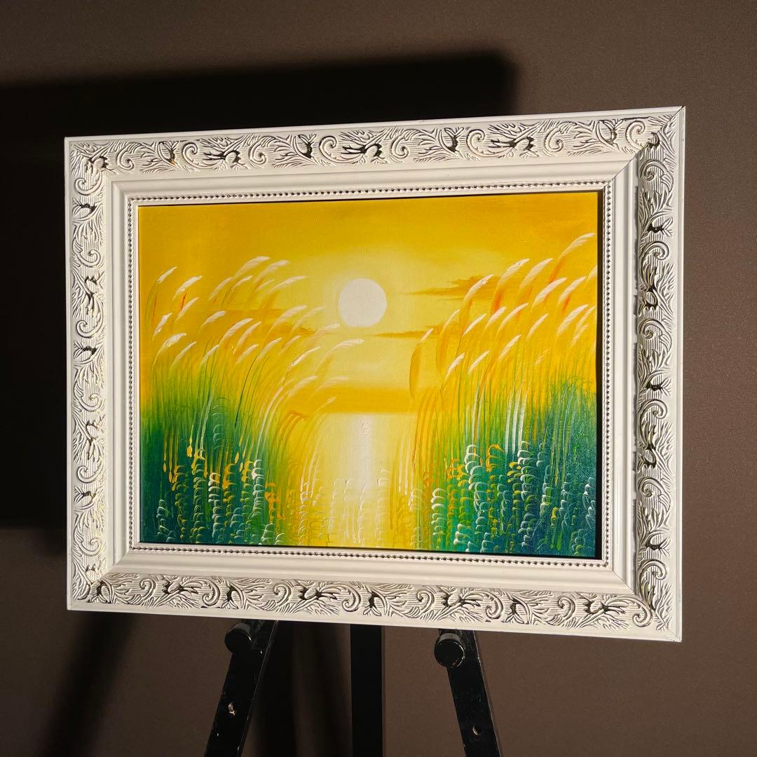 手書き油絵 湖と渡り鳥 額付き インテリア 油彩画