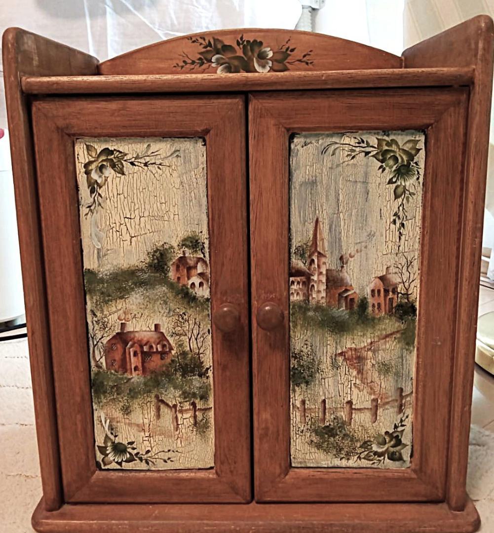 英国農村風景＆花木～本格トールペイント　希少/一点もの　収納ＢＯＸ　美品