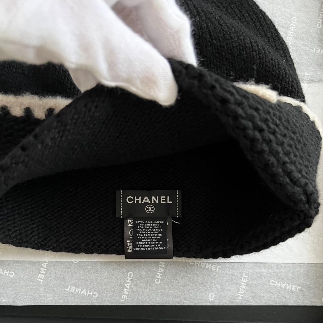 CHANEL CCマークニット帽 ブラック/ホワイト