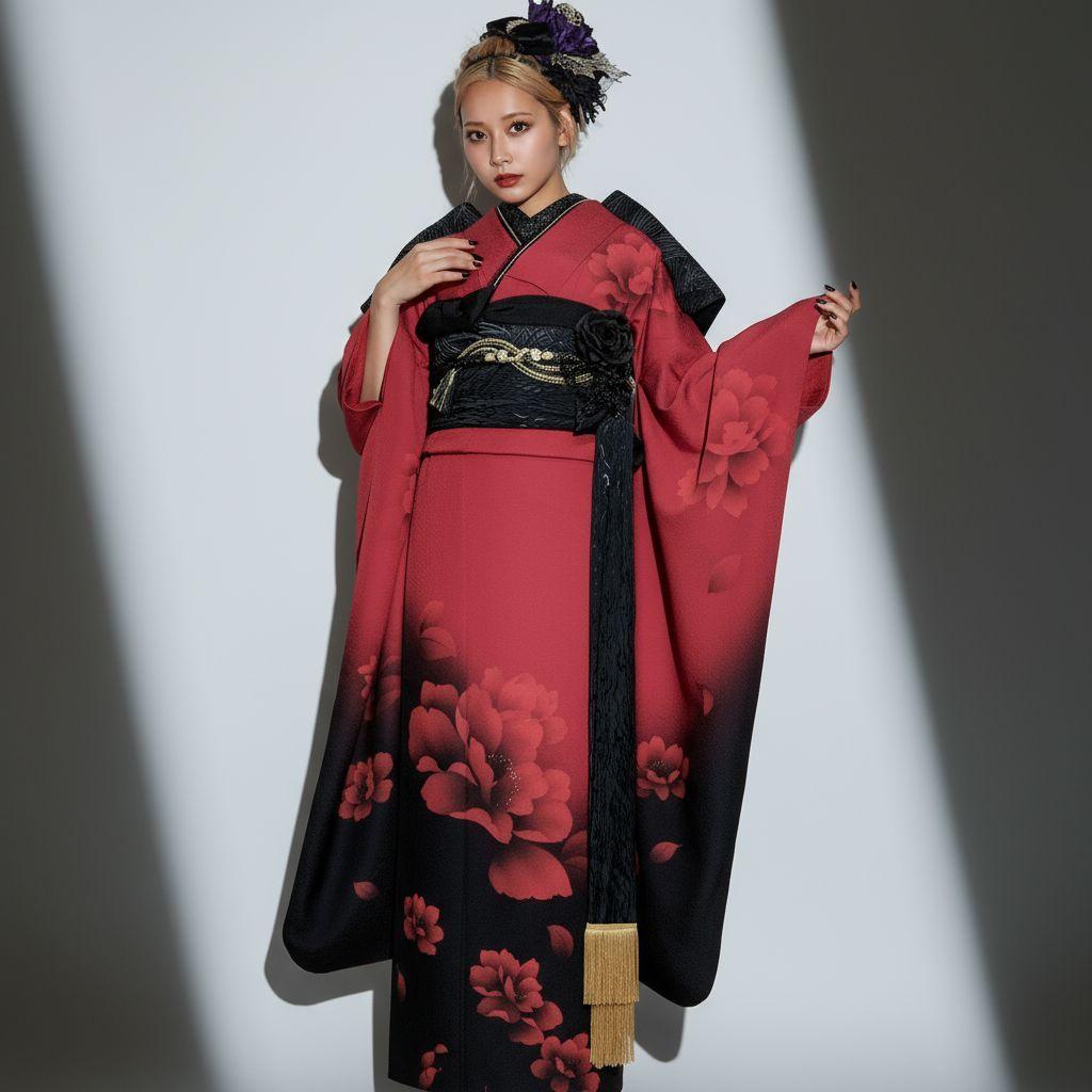 SALE中☆振袖フルセット(9点)・成人式・大輪牡丹・金彩加工・モダン・正絹