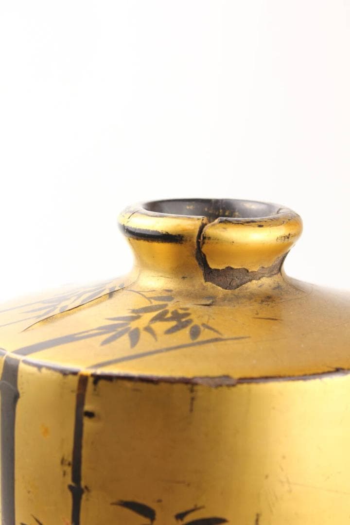 【幕末　明治時代】輸出漆器　里帰り品　鶴と竹図　沃懸地 木製花瓶