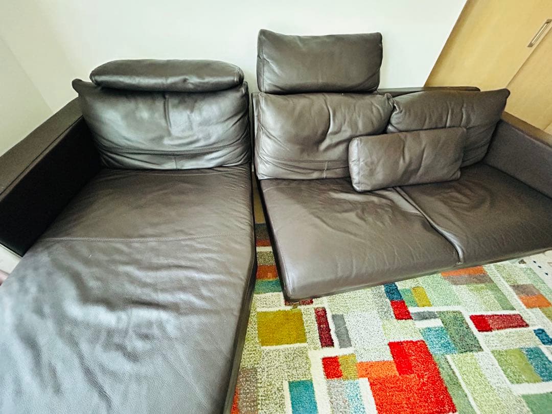 ダークブラウン 本革レザー L字型ソファ　カウチ