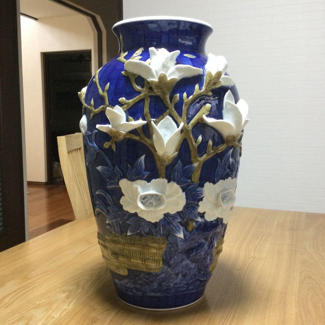 ☆値下げ！有田焼　花瓶　陶器　花　白　紺　ツルツル　豪華！緒方松右衛門？