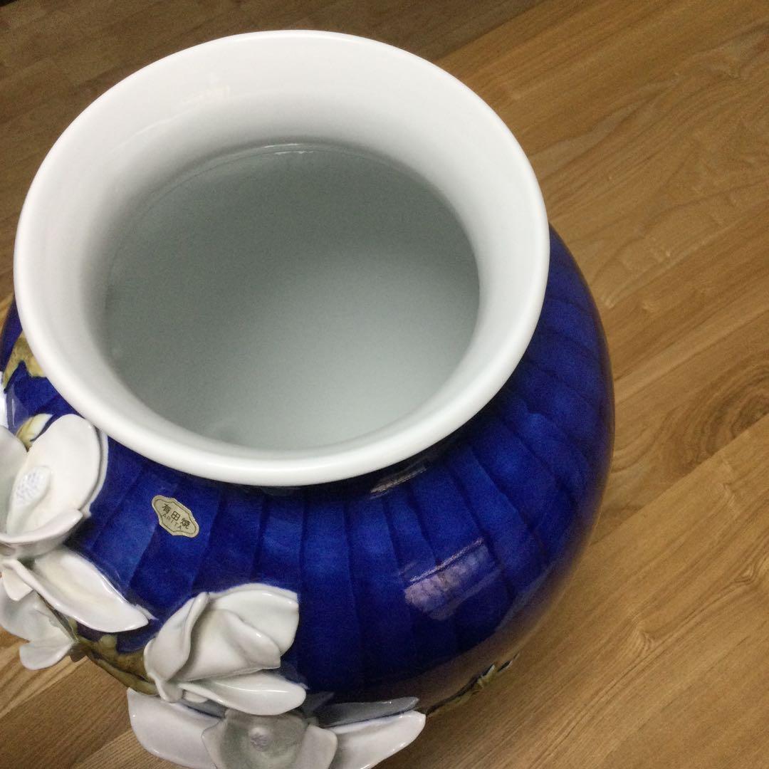 ☆値下げ！有田焼　花瓶　陶器　花　白　紺　ツルツル　豪華！緒方松右衛門？