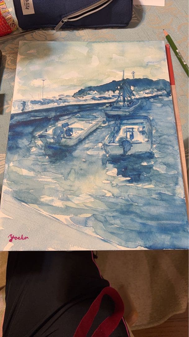 水彩画 F4 額、額装付き　湘南海岸ボートと港の風景　遠くに江ノ島