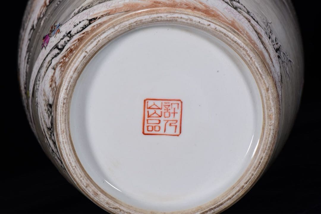 旧蔵逸品　中華民国時代 粉彩雪景図　手作り花瓶　飾り　古美術インテリア　陶器美品