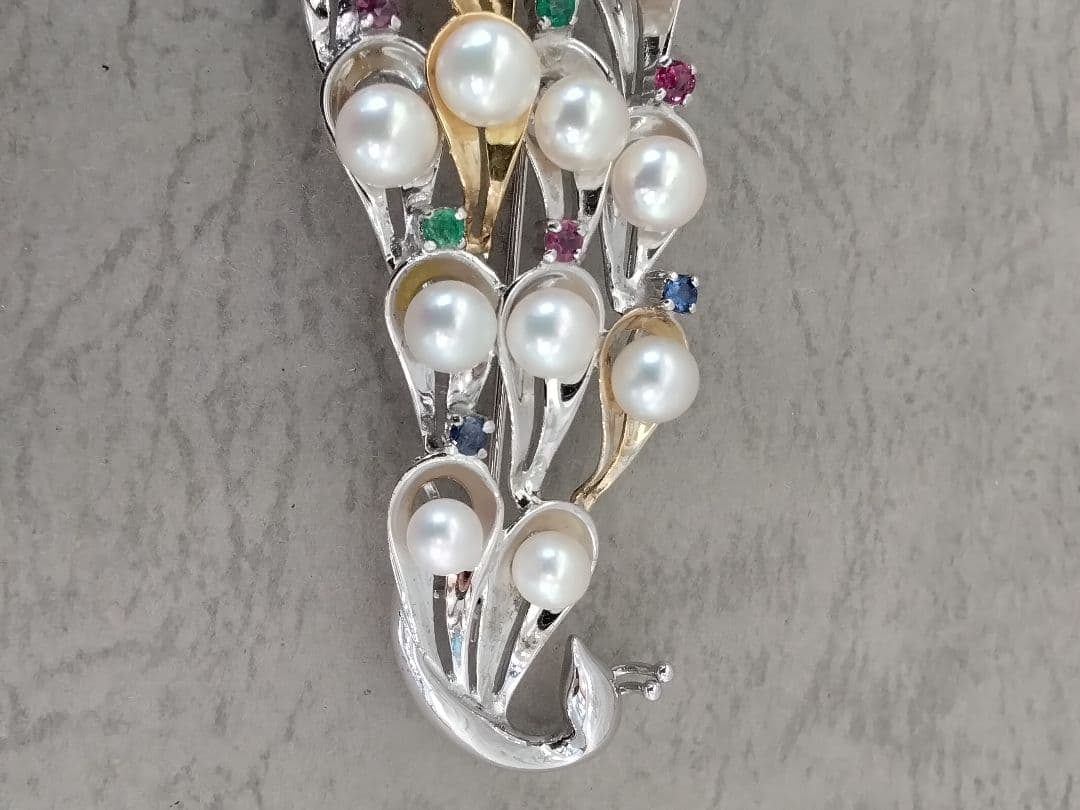 SV/K18あこや真珠/天然石ブローチ　　中古品