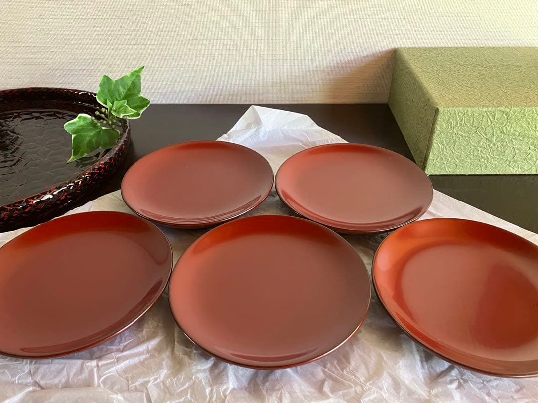 輪島塗　銘々皿　椿皿　菓子皿　５枚　古代朱　市中佑佳 氏　日展特選作家