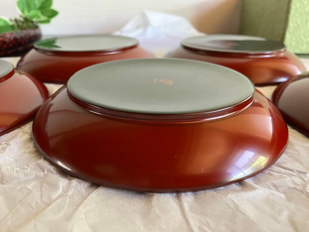 輪島塗　銘々皿　椿皿　菓子皿　５枚　古代朱　市中佑佳 氏　日展特選作家